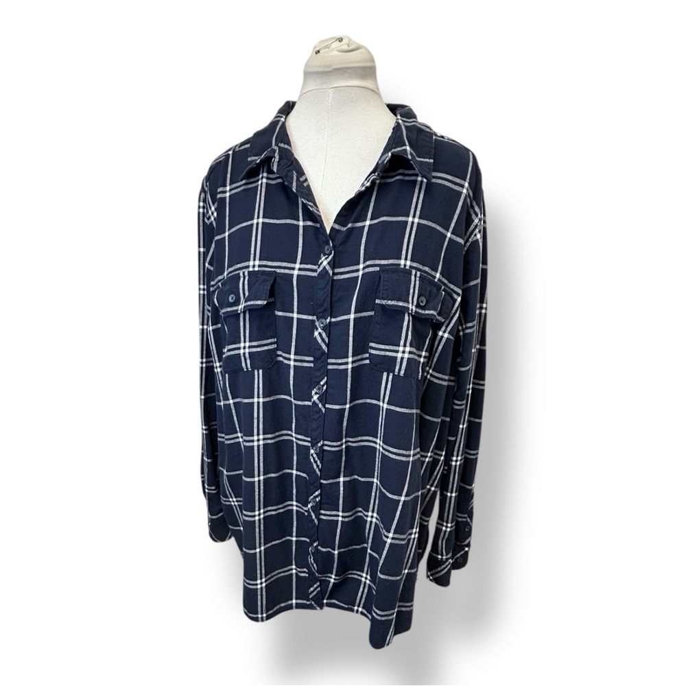 Croft & Barrow Women’s Plus Size Windowpane Plaid Flannel Shirt Navy/White 3X